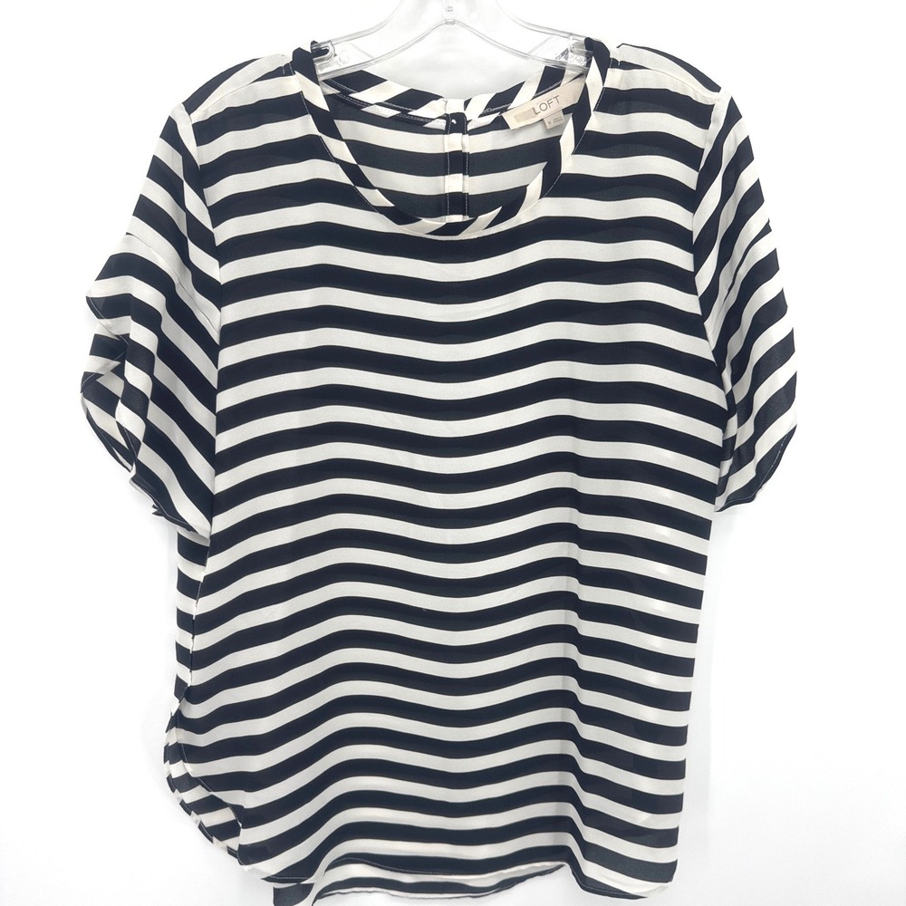 Ann Taylor LOFT Black White Striped Sheer Blouse Top Medium Coastal Nautical